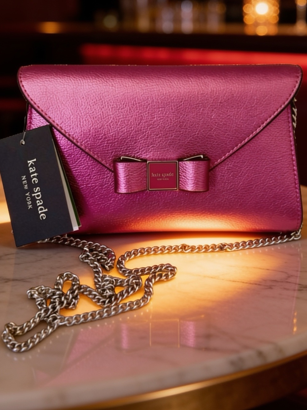 Kate Spade Morgan Bow Metallic fuchsia Envelope Flap Crossbody and dust bag NWT - Picture 11 of 12